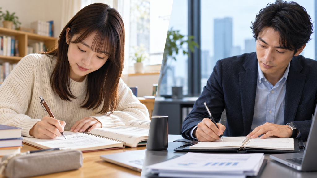 木軸シャーペンで勉強する学生と金属軸シャーペンで仕事をする社会人