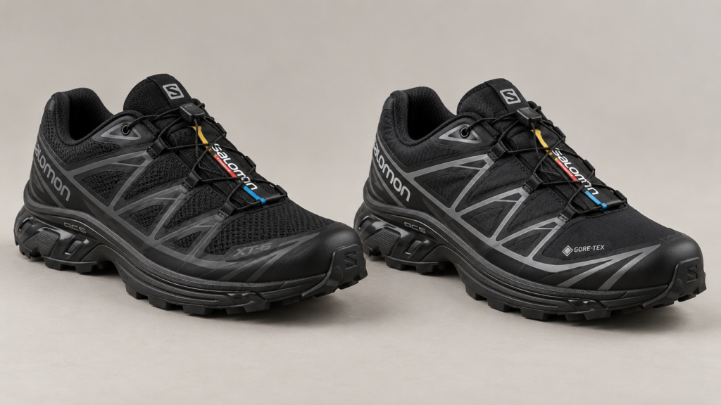 黒のSALOMON XT-6とXT-6 GTXを並べた、素材やサイズ感の違いを紹介するイメージ画像