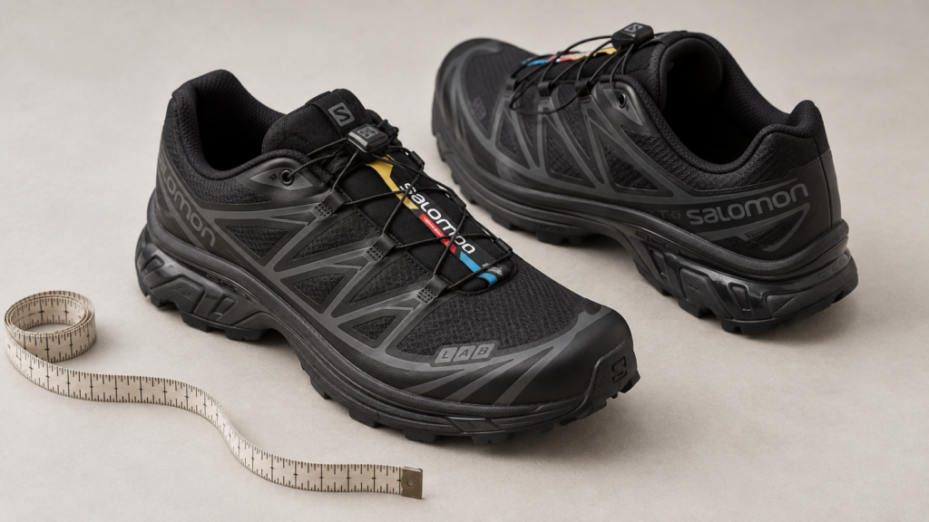 黒のSALOMON XT-6を斜め上から見た、シルエットや紐の構造とメジャーを配置したイメージ画像